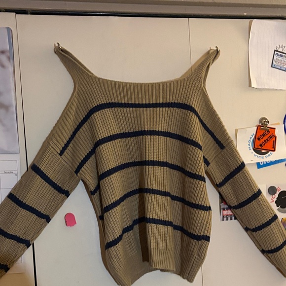 Sweaters - Chic Off-Shoulder Striped Sweater in Navy and Tan